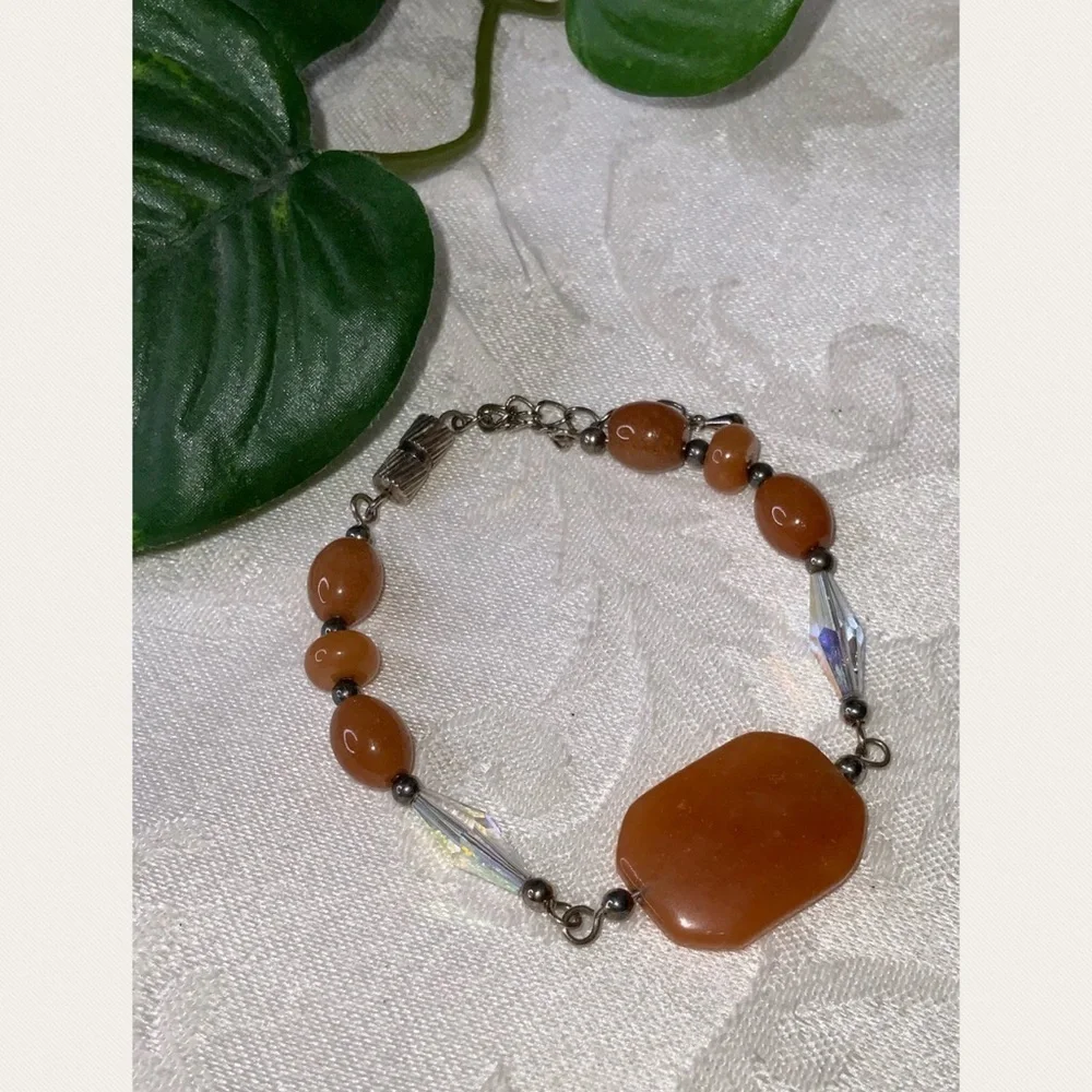 Carnelian Burnt Orange Gemstone Crystal & Silver Bracelet 7”